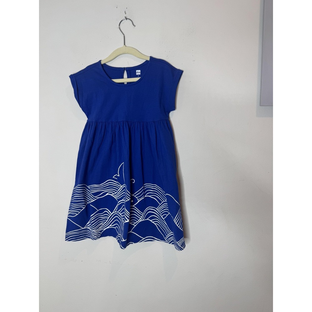 Tea Collection Dress Girls 5 Blue Whale Ocean Waves Short Sleeve Cotton Graphic - Picture 2 of 6